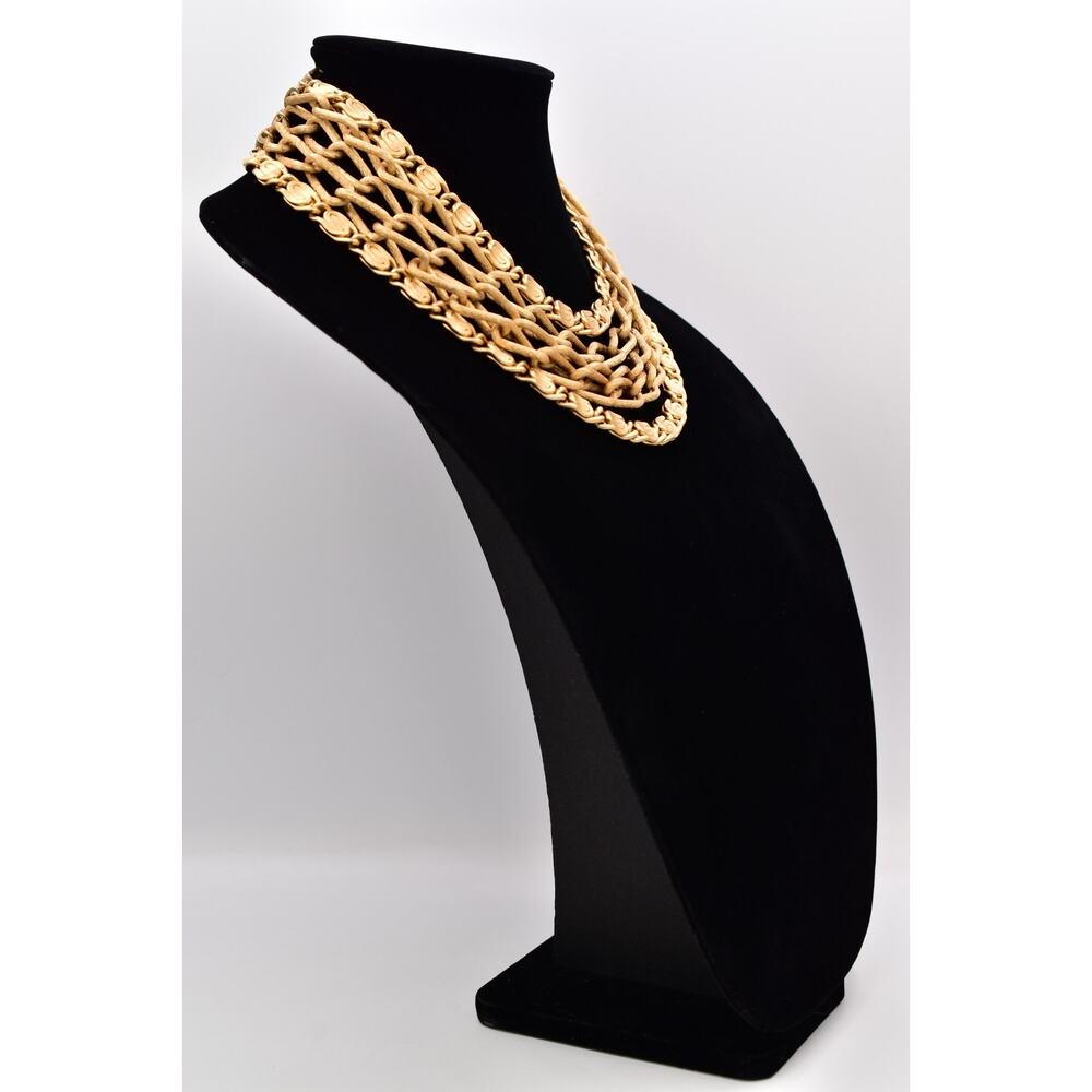 Vintage 1980s Gold Multi Strand Chain Necklace Bow Bib Statement Collar 80s BinT - Picture 6 of 12